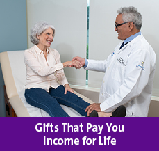 Rollover image of a patient with a doctor. Link to Gifts That Pay You Income.